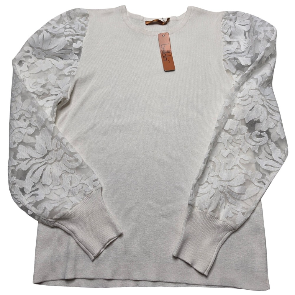 Belldini Womens Cream Knit Sweater Floral Lace Puff Sleeve Crew Neck NWT Size M